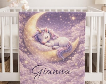 Manta personalizada de unicornio para bebé, manta de luna y estrellas para bebé, regalo personalizado con nombre para niña, manta de unicornio para guardería, manta de fantasía para bebé