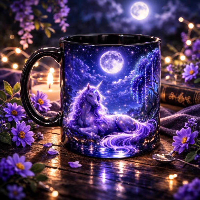 Taza de café de unicornio, taza de fantasía, taza de unicornio a la luz de la luna, regalo mágico para ella, taza para amantes de los libros, taza de bosque encantado, regalo acogedor para lectores. imagen 2