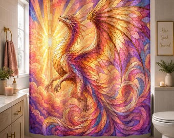Sunrise Dragon Shower Curtain, Stained Glass Fantasy Bathroom Decor, Colorful Dragon Bath Curtain,Pink Purple Gold Dragon,Whimsical Bathroom