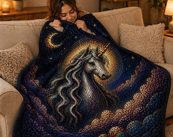 Manta de unicornio, manta de unicornio celestial, manta estilo vidriera, regalo de decoración fantástica, manta acogedora azul marino y dorada, decoración mágica para el hogar