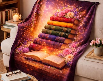 Book Lover Blanket, Floral Fantasy Reading Blanket, Cozy Reader Gift, Vintage Books Throw, Cottagecore Library Decor, Minky Blanket