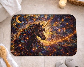 Glasmalerei Einhorn Badematte, Dark Academia Badezimmer Dekor, Fantasy Bad Teppich, Gothic Wohnkultur, Himmlischer Einhorn Teppich, launisches Badezimmer