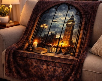 Rainy London Reader Blanket, Dark Academia Cozy Blanket, Book Lover Gift, Moody Gothic Window Throw, Minky Blanket, Literary Gift