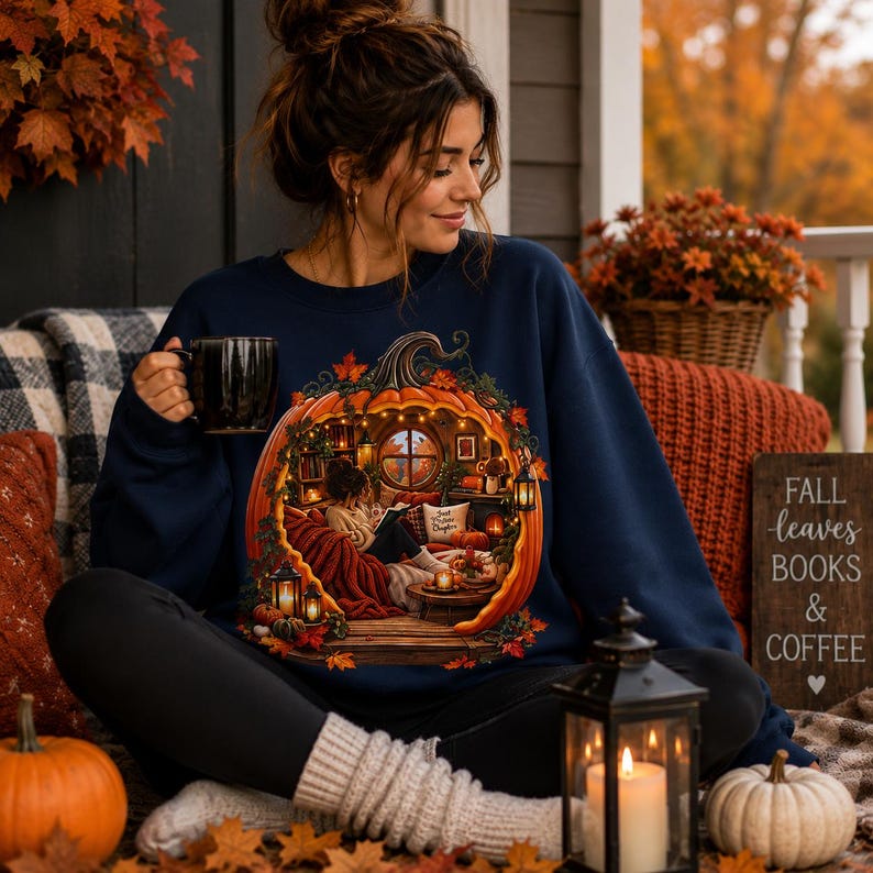 Pumpkin Reading Nook Sweatshirt, Cozy Bookish Fall Crewneck, Autumn ...