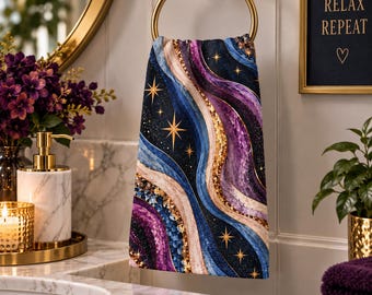 Celestial Hand Towel, Moon and Stars Bathroom Decor, Navy Purple Mystical Towel
