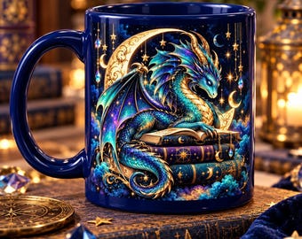 Celestial Dragon Mug, Fantasy Book Lover Mug, Bookish Dragon Coffee Cup, Reader Gift