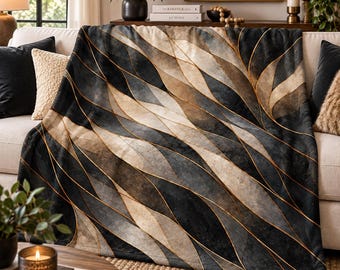 Black Stained Glass Blanket, Black Gold Throw Blanket, Neutral Abstract Blanket, Modern Luxury Home Decor