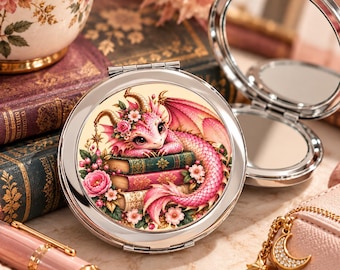 Pink Dragon Compact Mirror, Bookish Fantasy Gift, Cute Dragon Pocket Mirror, Book Lover Gift, Fantasy Reader Accessory