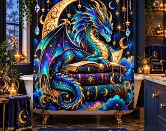 Celestial Dragon Shower Curtain, Fantasy Bathroom Decor, Bookish Dragon Bath Curtain, Gothic Reader Gift
