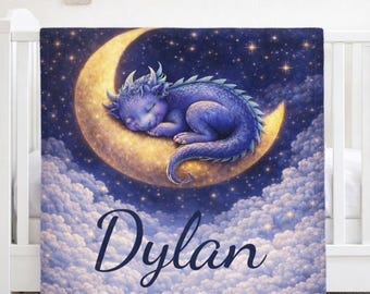 Manta personalizada de bebé dragón, manta con nombre para niño, manta de luna y estrellas para guardería, regalo de bebé dragón azul, manta de fantasía para bebé, regalo con nombre personalizado
