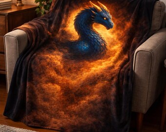 Blue Dragon Fire Blanket, Fantasy Dragon Throw, Dark Academia Blanket, Cozy Minky Blanket, Dragon Lover Gift, Gothic Fantasy Decor