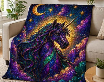 Manta de unicornio con vidrieras, manta de unicornio de fantasía, regalo de unicornio galáctico colorido, manta mágica y acogedora, regalo para amantes de los unicornios