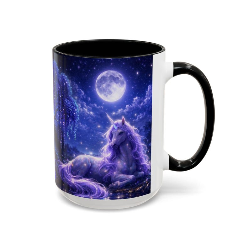 Taza de café de unicornio, taza de fantasía, taza de unicornio a la luz de la luna, regalo mágico para ella, taza para amantes de los libros, taza de bosque encantado, regalo acogedor para lectores. Navy