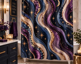 Celestial Moon Shower Curtain, Midnight Galaxy Bathroom Decor, Purple Blue Starry Sky Curtain