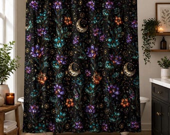 Douchegordijn met hemelse bloemen, badkamerdecor maan en sterren, donker boho luxe badgordijn, botanisch badkamerdecor