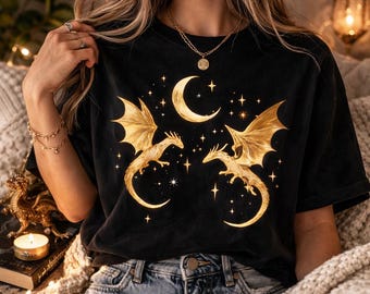 Gold Dragon Shirt, Celestial Fantasy Tee, Moon Dragon Graphic Shirt, Dark Academia Fantasy Shirt
