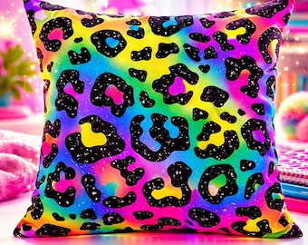 Rainbow Leopard Pillow, Colorful Tween Room Decor, Tween Reading Nook