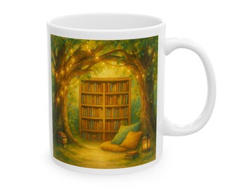 Enchanted Treehouse Reading Mug, Bright Book Nook Coffee Cup