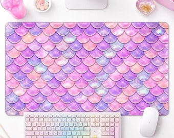 Mermaid Scale Desk Mat, Iridescent Dragon Scale Mouse Pad, Gamer Girl Desk Setup, Unicorn Aesthetic Desk Pad, Fantasy Desk Decor