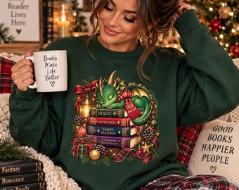 Christmas Book Dragon Sweatshirt, Fantasy Reader Gift, Bookish Christmas Crewneck