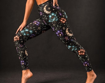 Celestial Floral Leggings, Moon and Stars Yoga Pants, Dark Boho Luxe Workout Leggings, High Waisted Gym Leggings Women