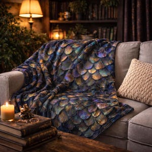 Puede incluir: Una manta de felpa con un patrón de escamas de sirena en tonos azules, dorados y verdes está sobre un sofá gris. También se ve una almohada beige y una vela encendida.