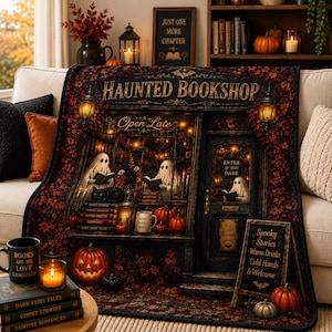 Manta de Halloween con diseño de librería embrujada, manta acogedora para lectores, regalo para amantes de los libros, manta de lectura espeluznante, decoración estilo academia oscura, manta de biblioteca fantasma.