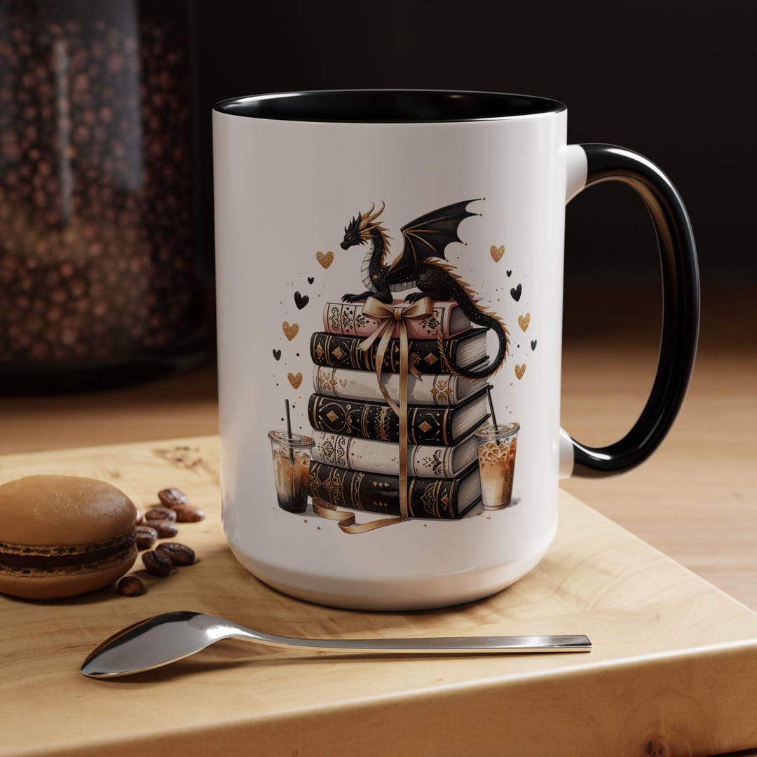 Dragon Book Lover Coffee Mug: Fantasy Reading Cup With Accent Colors - Etsy
