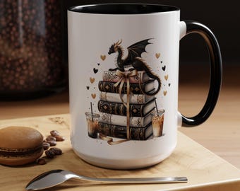 Dragon Book Lover Coffee Mug: Fantasy Reading Cup with Accent Colors