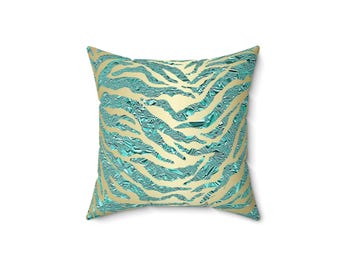 Teal and Gold Zebra Print Throw Pillow: Glam Living Room Decor
