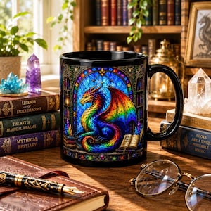May include: A black ceramic mug featuring a vibrant, multi-colored stained glass design of a dragon resting inside a library. The dragon is depicted with rainbow scales and wings, surrounded by arched windows and an open book, set against a dark background.