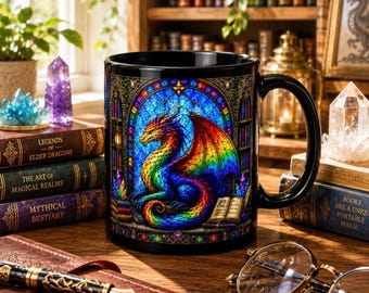 Rainbow Dragon Mug, Stained Glass Dragon Coffee Mug, Fantasy Dragon Gift, Colorful Gothic Mug, Dragon Lover Cup, Fantasy Reader Gift