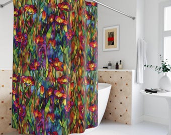 Kleurrijk douchegordijn met gebrandschilderd glas: badkamerdecoratie lente