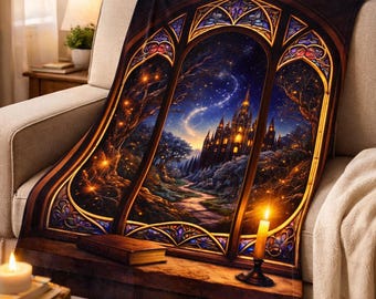 Stained Glass Castle Blanket, Cozy Fantasy Throw, Gothic Window Blanket, Book Lover Gift, Dark Academia Decor, Minky Blanket