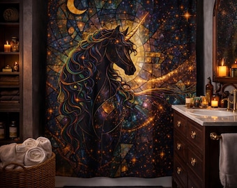 Stained Glass Unicorn Shower Curtain, Dark Academia Bathroom Decor, Celestial Unicorn Bathroom, Fantasy Home Decor, Moody Aesthetic
