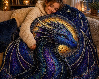 Manta de dragón de fantasía, manta de dragón de vidriera, manta de dragón azul y morado, decoración mágica de fantasía, regalo acogedor para amantes de los libros