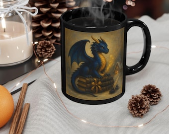 Taza de cerámica negra con diseño de dragón y lector de fantasía