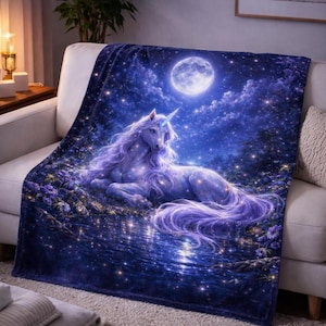 Moonlit Unicorn Minky Blanket, Fantasy Horse Throw, Magical Night Sky, Cozy Dreamy Gift for Girls Teens, Unicorn Lover Decor