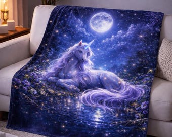 Moonlit Unicorn Minky Blanket, Fantasy Horse Throw, Magical Night Sky, Cozy Dreamy Gift for Girls Teens, Unicorn Lover Decor