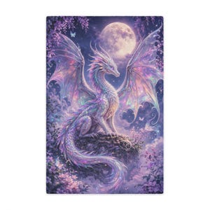 May include: A fantasy-themed blanket featuring a majestic white dragon with iridescent wings, perched on a rock. The artwork is set against a backdrop of a full moon, purple flowers, and a starry night sky. The dragon's scales and wings have a shimmering, colorful effect.