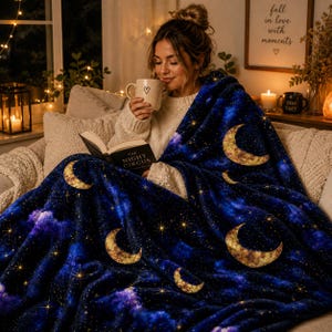 Celestial Moon Minky Blanket, Navy Night Sky Throw Blanket, Moon and Stars Plush Blanket, Cozy Witchy Decor, Dark Academia Blanket