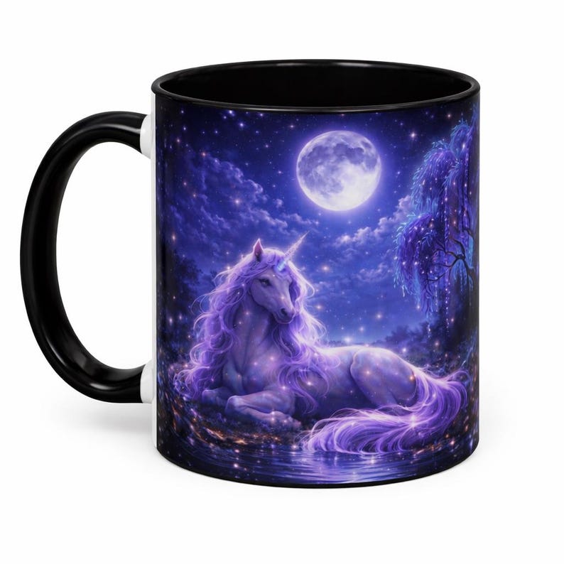 Black and navy accent coffee mugs featuring a glowing unicorn under a full moon in a magical forest scene with stars and water reflections, styled in a cozy fantasy setting