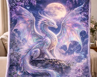 Iriserende drakendeken, fantasieworp, gezellig leesgrage cadeau, decor romantiek, maanverlichte draak, cadeau-idee lezer