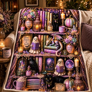 May include: A plush throw blanket featuring a vibrant, multi-tiered bookshelf design filled with magical items, including black cats, ghosts reading books, colourful pumpkins, floral arrangements, crystal balls, and glowing lanterns in shades of purple and gold.