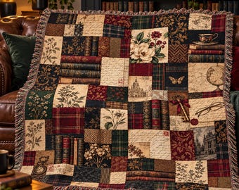 Dark Academia Woven Blanket, Bookish Patchwork Tapestry Throw, Vintage Library Reading Nook Decor