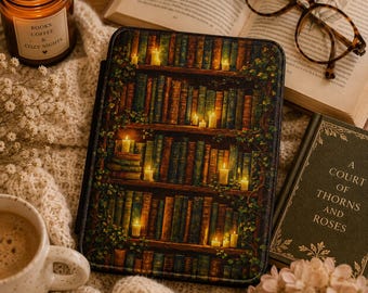 Fantasy Bookshelf Kindle Case, Cozy Reader Kindle Cover, Dark Academia Ebook Case, Book Lover Gift, Cottagecore Library Ca