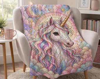 Gebrandschilderd glas eenhoorn deken, pastel fantasie plaid, tienermeisje cadeau, eenhoorn minnaar deken, gezellige nertsen plaid, magische slaapkamerdeco