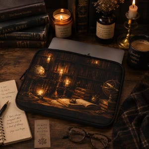 May include: A rectangular laptop sleeve featuring a printed image of a dimly lit library interior with bookshelves, candles, an open book, a globe, and an armillary sphere. The sleeve has a black border and a zipper closure along the top edge.