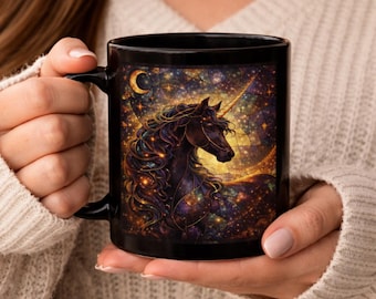 Stained Glass Unicorn Mug, Black Unicorn Coffee Mug, Celestial Fantasy Mug, Dark Academia Gift, Magical Coffee Cup 11oz