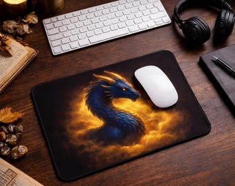 Tappetino per mouse con drago, tappetino per mouse fantasy, accessorio da scrivania con drago blu, postazione da scrivania per appassionati di libri, estetica dark academia, regalo per gamer
